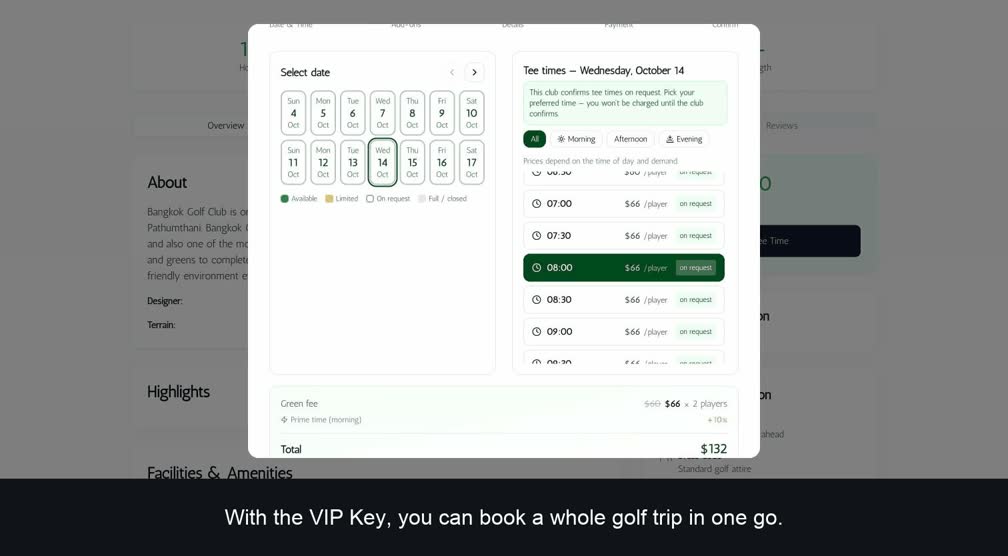 The GOLF+ Key app: picking a tee time to add to the VIP trip cart